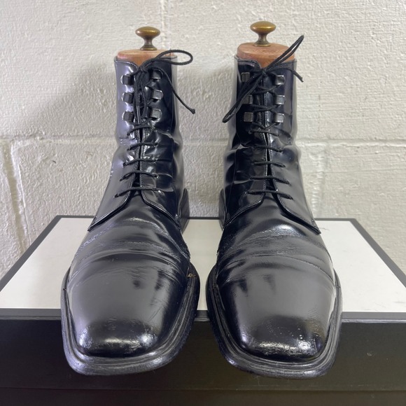 Gucci Men\'s Black Leather Cap Toe Ankle Boots Dress Shoes Lace up Size 9.5 US main image 13